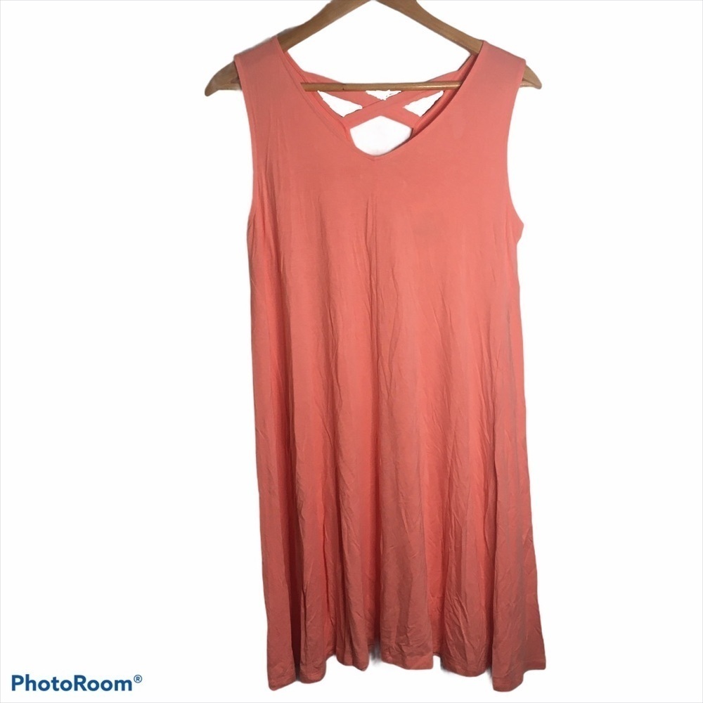 Style & Co Peach Sleeveless Swing Dress Criss Cross Strap Back Large Petite LP